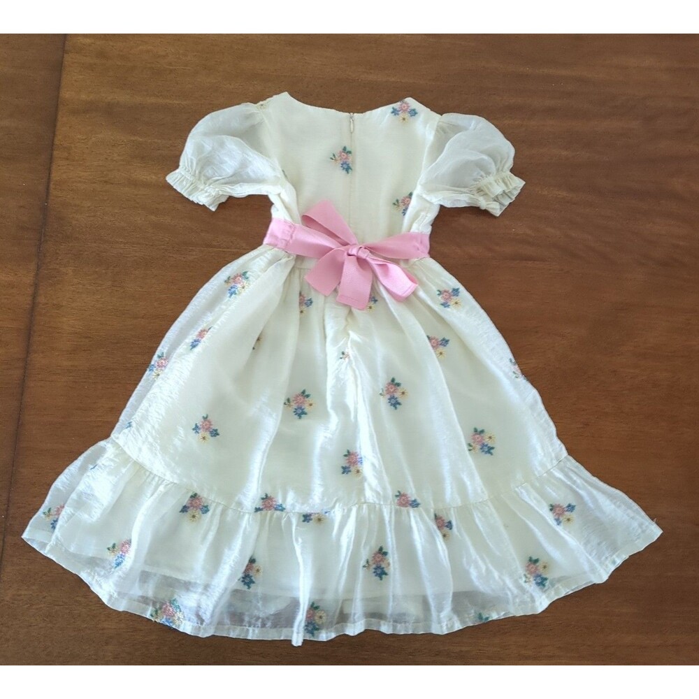 Mini Boden Girls Flutter Organza/ Puff sleeve Dress Ivory Floral size 5/6 EUC